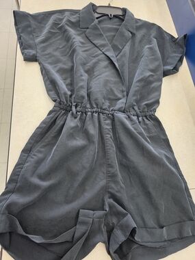 H&M Black Satin H&M Dark Gray Short Sleeve Romper Dress - Collared Elastic Waist